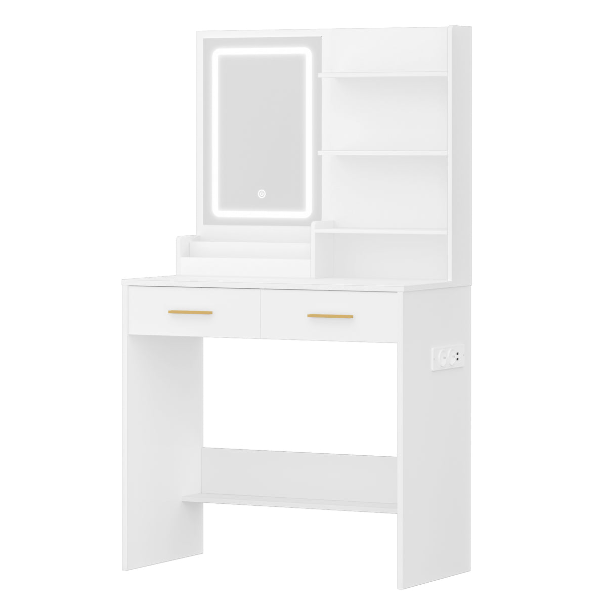 joyunite Dressing Table with LED Light, 2 AC Outlets and 2 USB, with 2 Drawers and 4 Open Compartments, Storage Compartment, for Bedroom, Living Room, Bathroom, Modern Style, White VT32003X