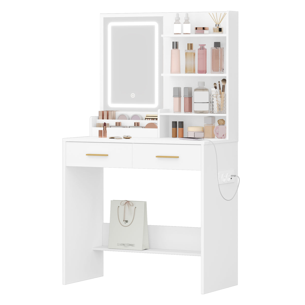 joyunite Dressing Table with LED Light, 2 AC Outlets and 2 USB, with 2 Drawers and 4 Open Compartments, Storage Compartment, for Bedroom, Living Room, Bathroom, Modern Style, White VT32003X