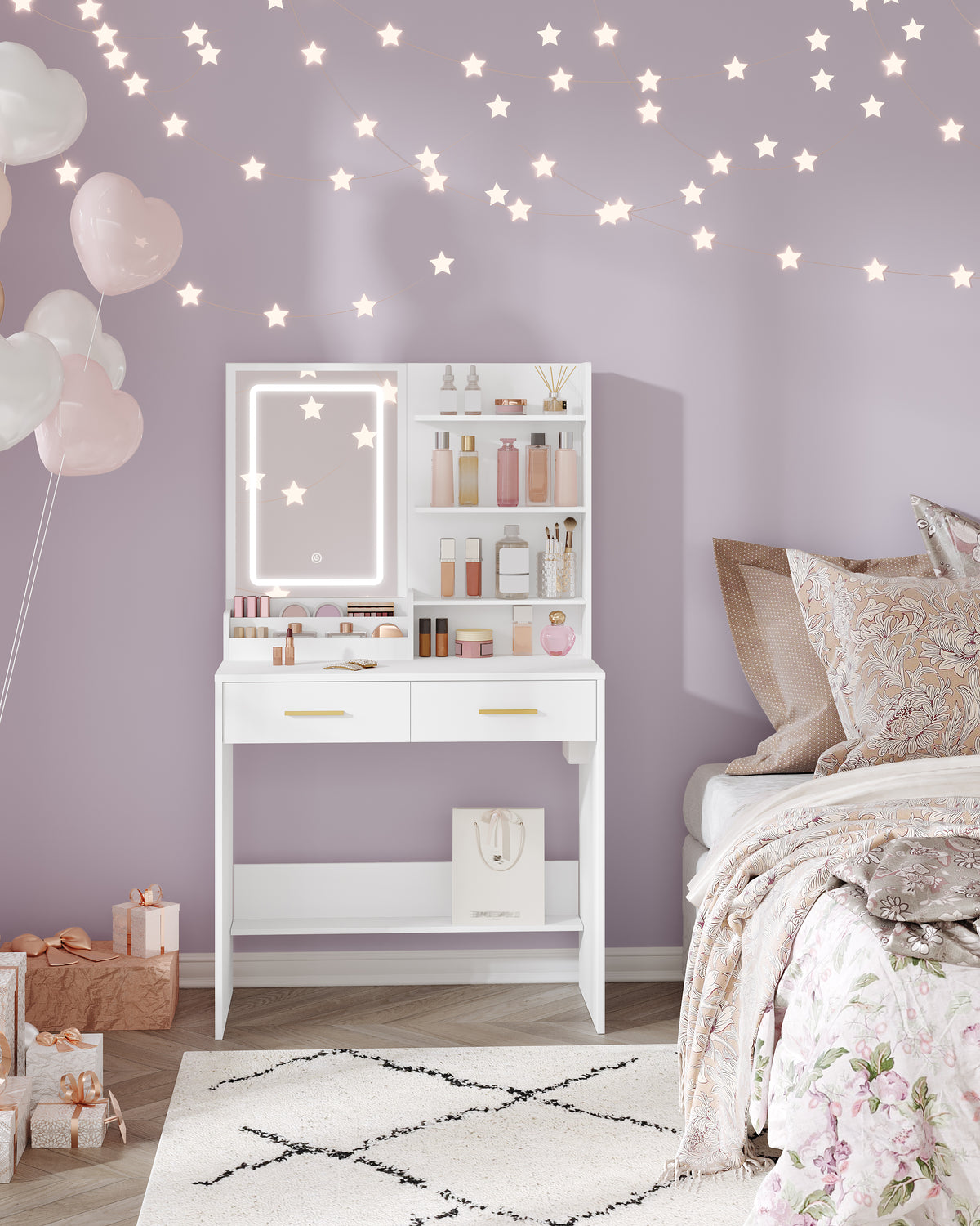joyunite Dressing Table with LED Light, 2 AC Outlets and 2 USB, with 2 Drawers and 4 Open Compartments, Storage Compartment, for Bedroom, Living Room, Bathroom, Modern Style, White VT32003X