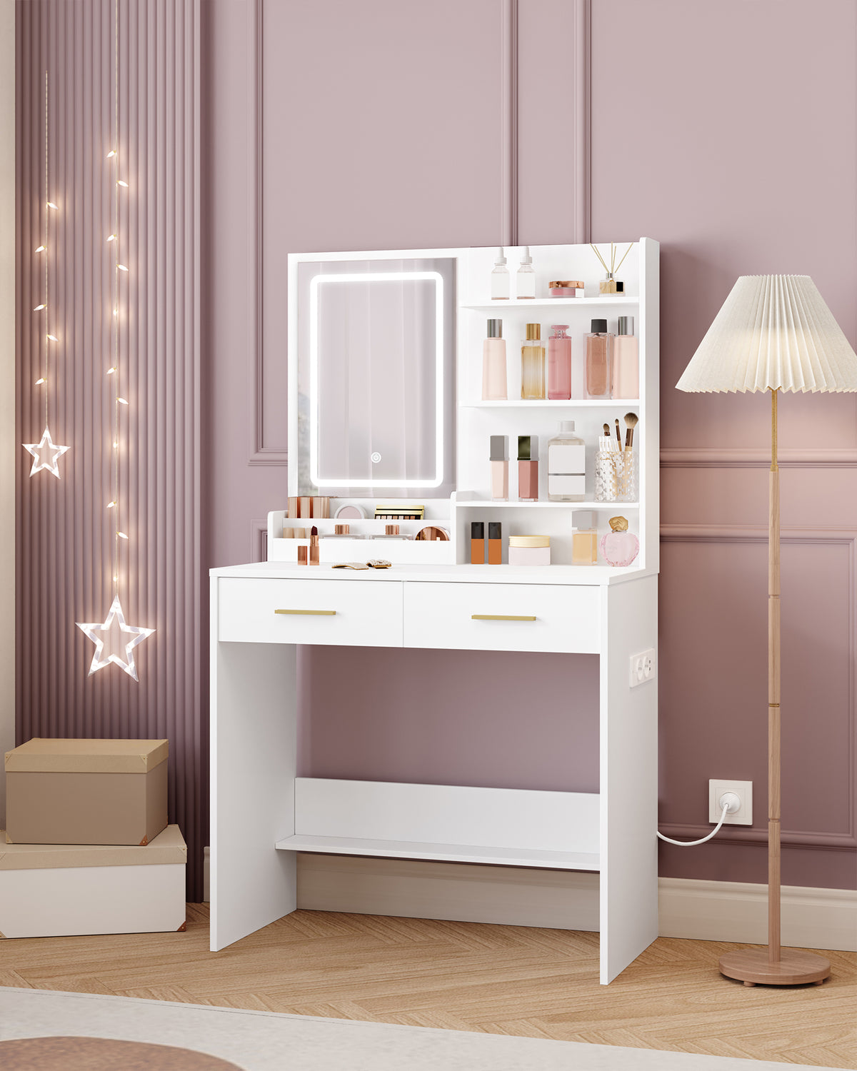 joyunite Dressing Table with LED Light, 2 AC Outlets and 2 USB, with 2 Drawers and 4 Open Compartments, Storage Compartment, for Bedroom, Living Room, Bathroom, Modern Style, White VT32003X