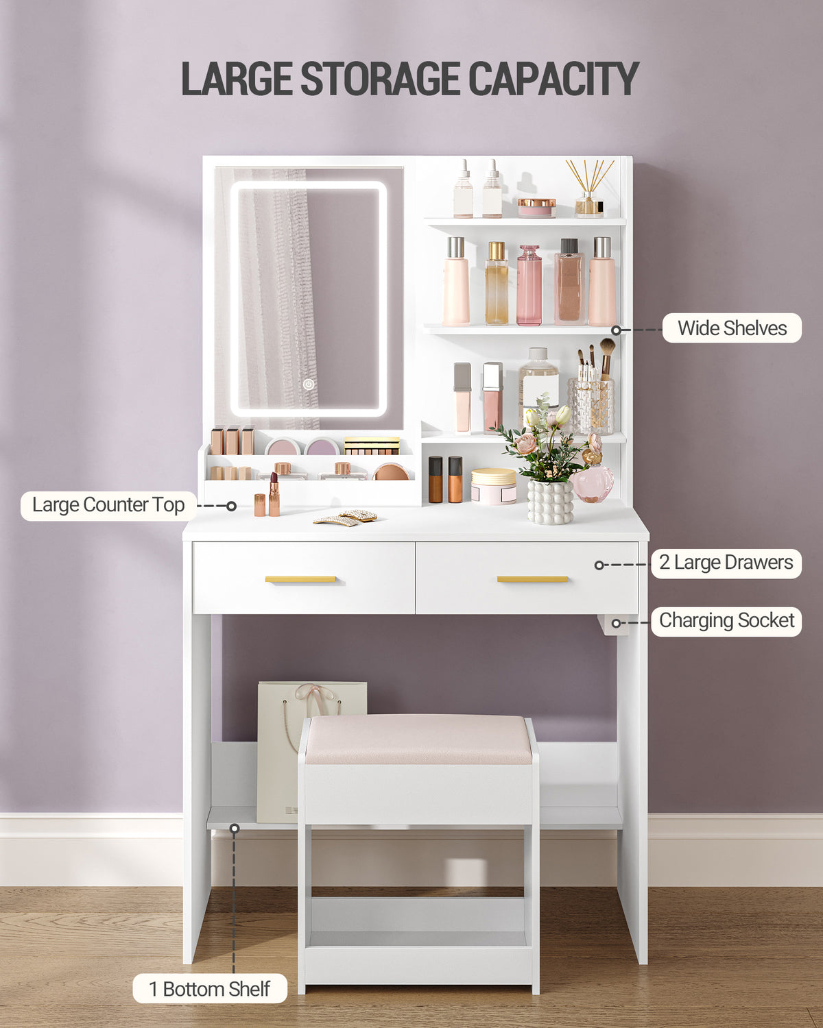 joyunite Dressing Table with LED Light, 2 AC Outlets and 2 USB, with 2 Drawers and 4 Open Compartments, Storage Compartment, for Bedroom, Living Room, Bathroom, Modern Style, White VT32003X
