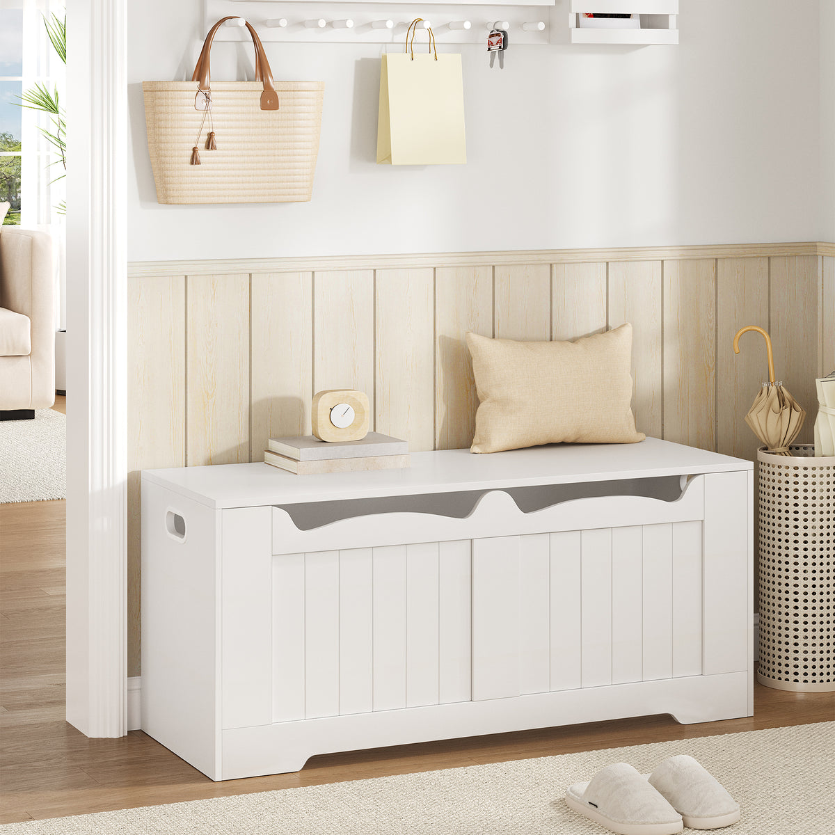 joyunite Shoe Bench Storage Box, White, 40 x 110 x 48 cm SB25503X Shoe Bench with 2 Stable Hinges for Entrance, Bedroom, Living Room