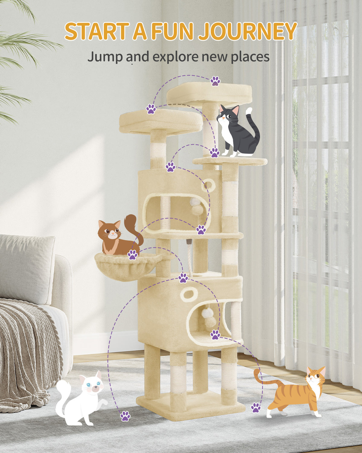 joyunite Cat Tree, 159 cm with 8 Scratching Posts, Beige with 3 Platforms, 2 Caves, Basket, Plush Balls, Sisal Rope, Suitable for Cats of Various Sizes, MS15918YL