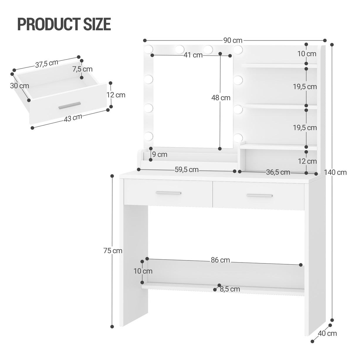 joyunite Dressing Table with Mirror, Vanity Desk with LED Lighting, 3-Color Adjustable Brightness, 2 Drawers, 4 Open Shelves and 2 Compartments, Bedroom Makeup Desk, White DT42703X