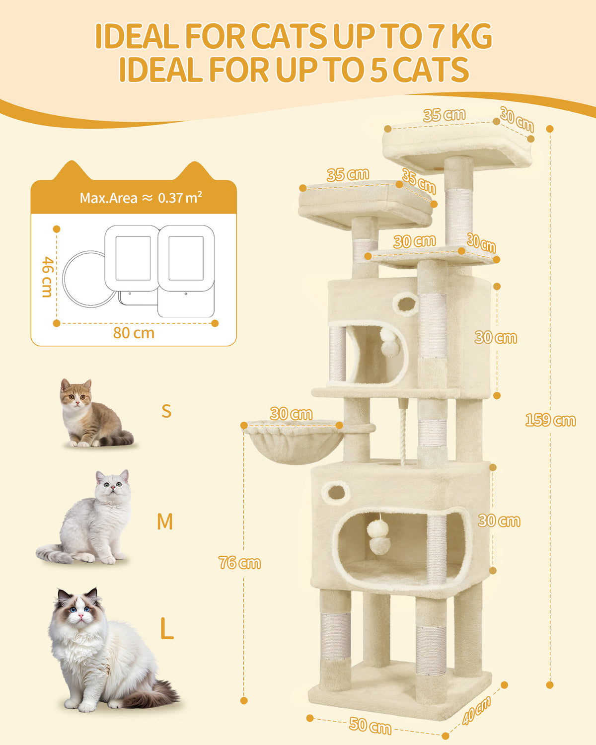 joyunite Cat Tree, 159 cm with 8 Scratching Posts, Beige with 3 Platforms, 2 Caves, Basket, Plush Balls, Sisal Rope, Suitable for Cats of Various Sizes, MS15918YL