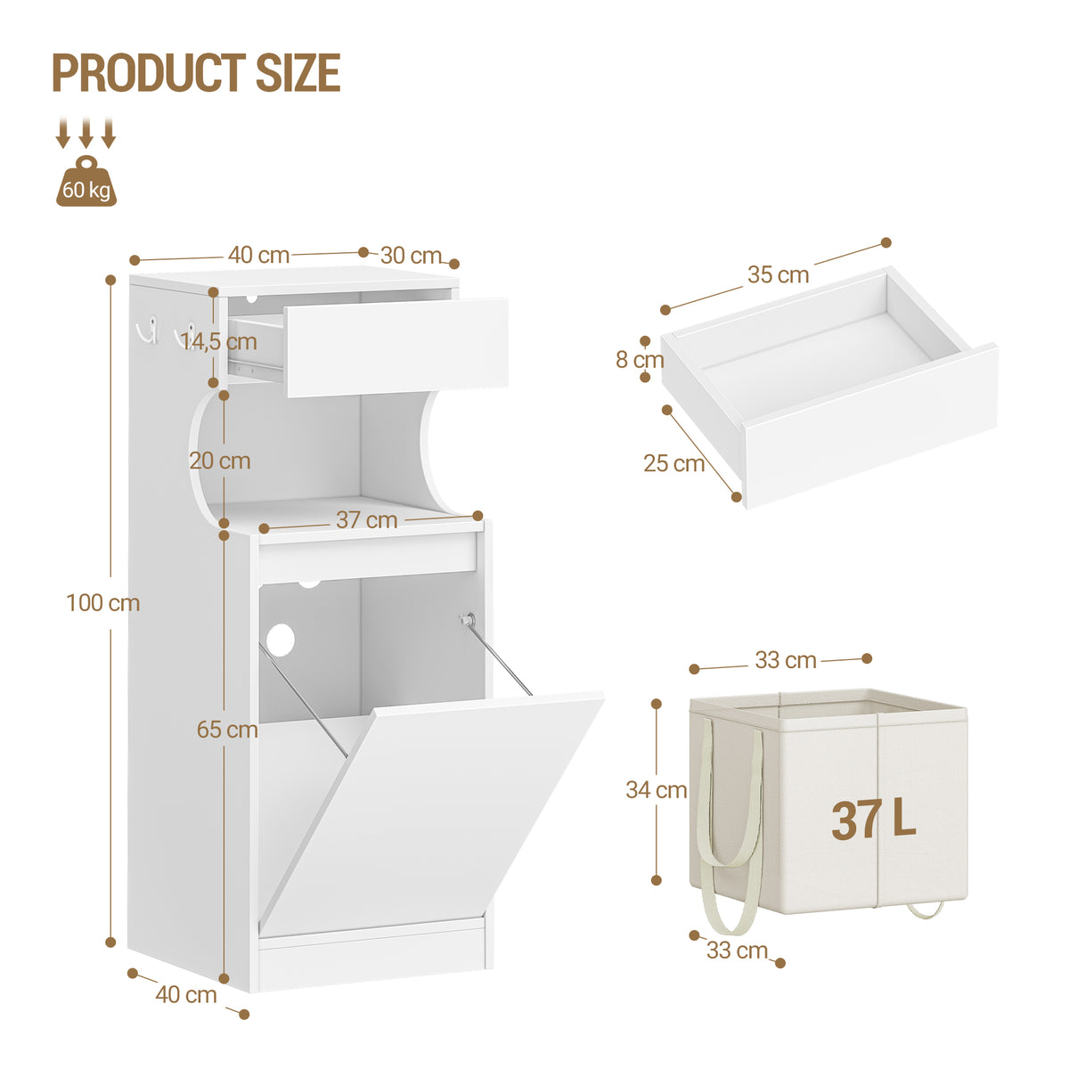 joyunite Bathroom Cabinet with Laundry Basket, Slim Narrow Laundry Cabinet with Drawer and Removable Hamper, Storage Cabinet Unit for Bathroom, 40 x 40 x 100 cm, White, BC42003X