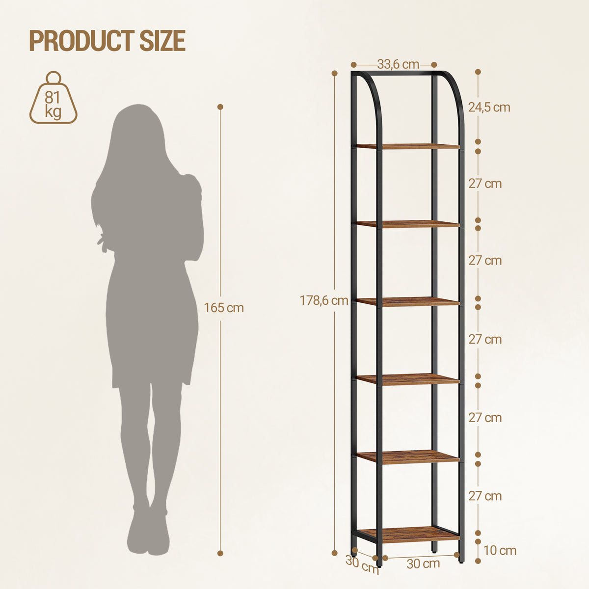 joyunite Bookcase, 6-Tier Bookshelf, Narrow Bookcase Shelving Unit for Living Room, Office, Sturdy, Bedroom, 30 x 33.6 x 178 cm, Industrial, Rustic Brown and Black, BC56001B