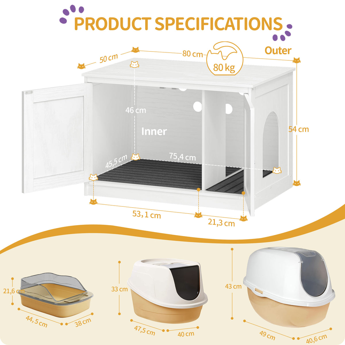 joyunite Cat Litter Box Enclosure, Hidden Litter Box Furniture with Detachable Dividers, Reversible Entrance Left or Right Side, Wooden Cat House, 80 x 50 x 54 cm, White CB86613W